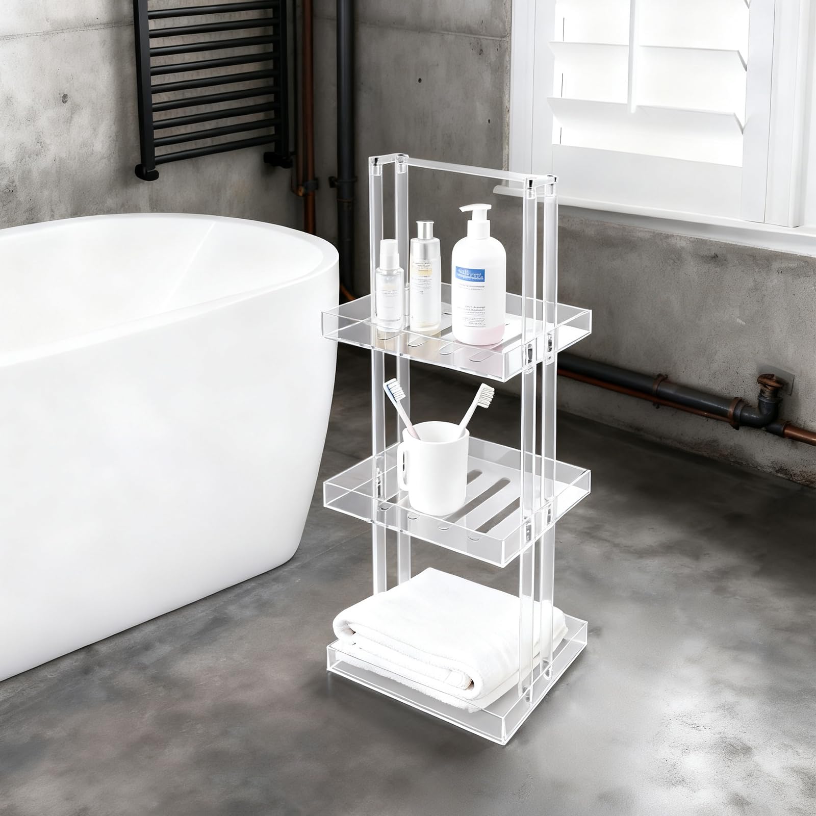 BANLICALI Standing Shower Caddy 3 Tier Clear Acrylic Shower Shelves with Drainage Slats Handle Corner Organizer Stand for