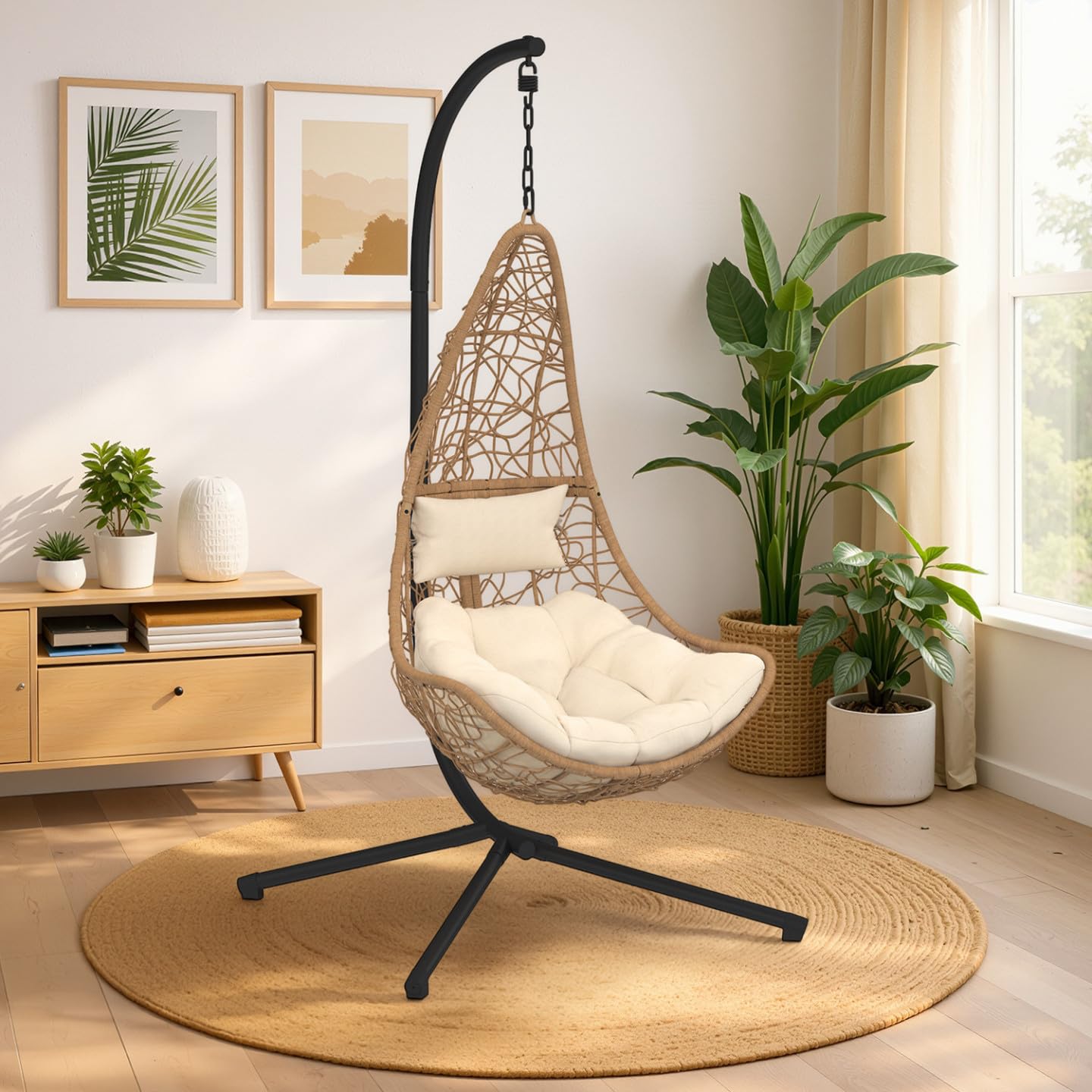 IDMarket - Fauteuil Demi-Lune Suspendu ajouré Effet rotin avec Coussin écru