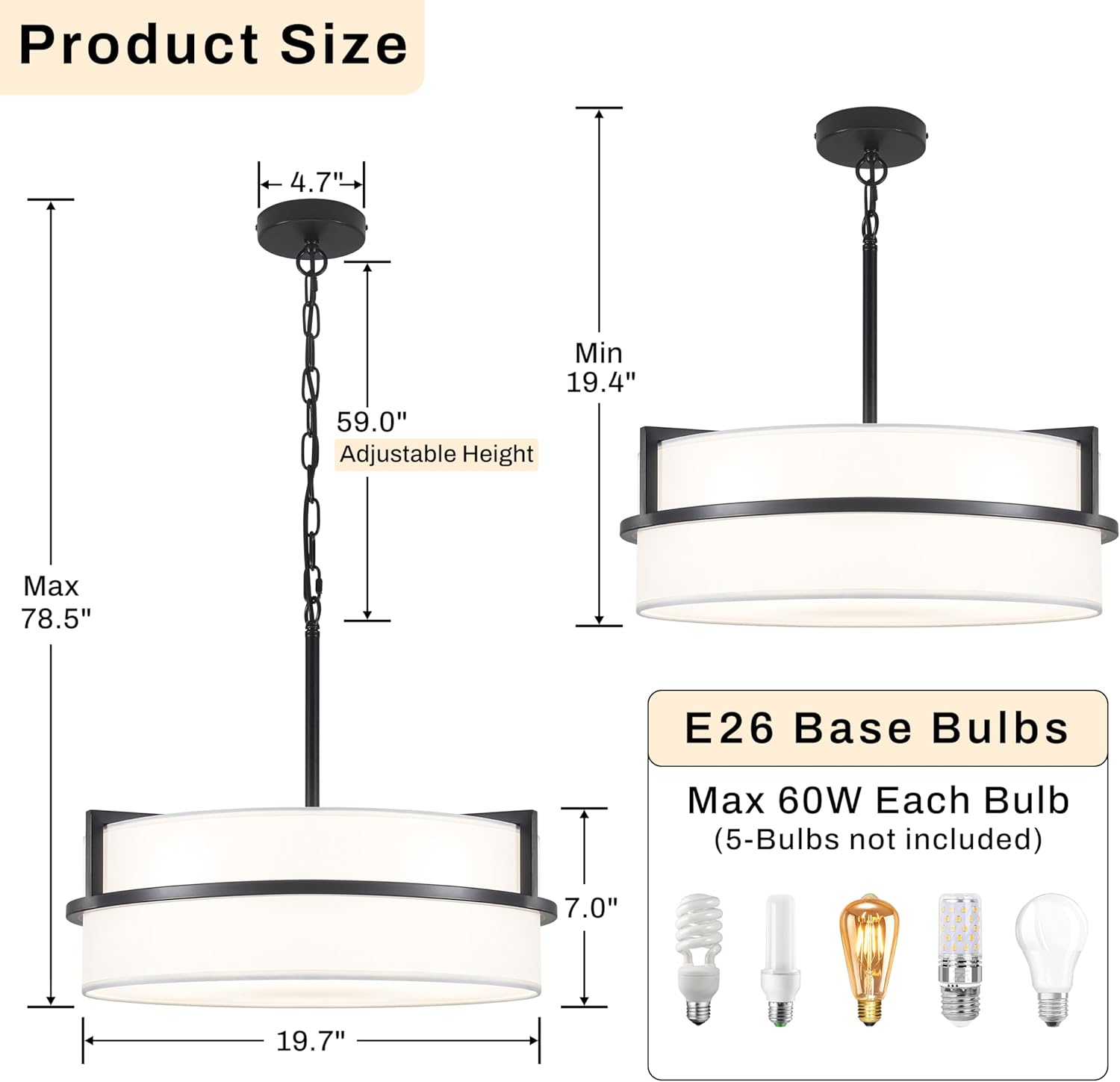 19.7" Black Drum Chandelier,5-Lights Large Drum Pendant Light with White Linen Shade Round Modern Chandeliers for Dining Room Bedroom Kitchen Island Over Table Hanging Ceiling Light Fixtures