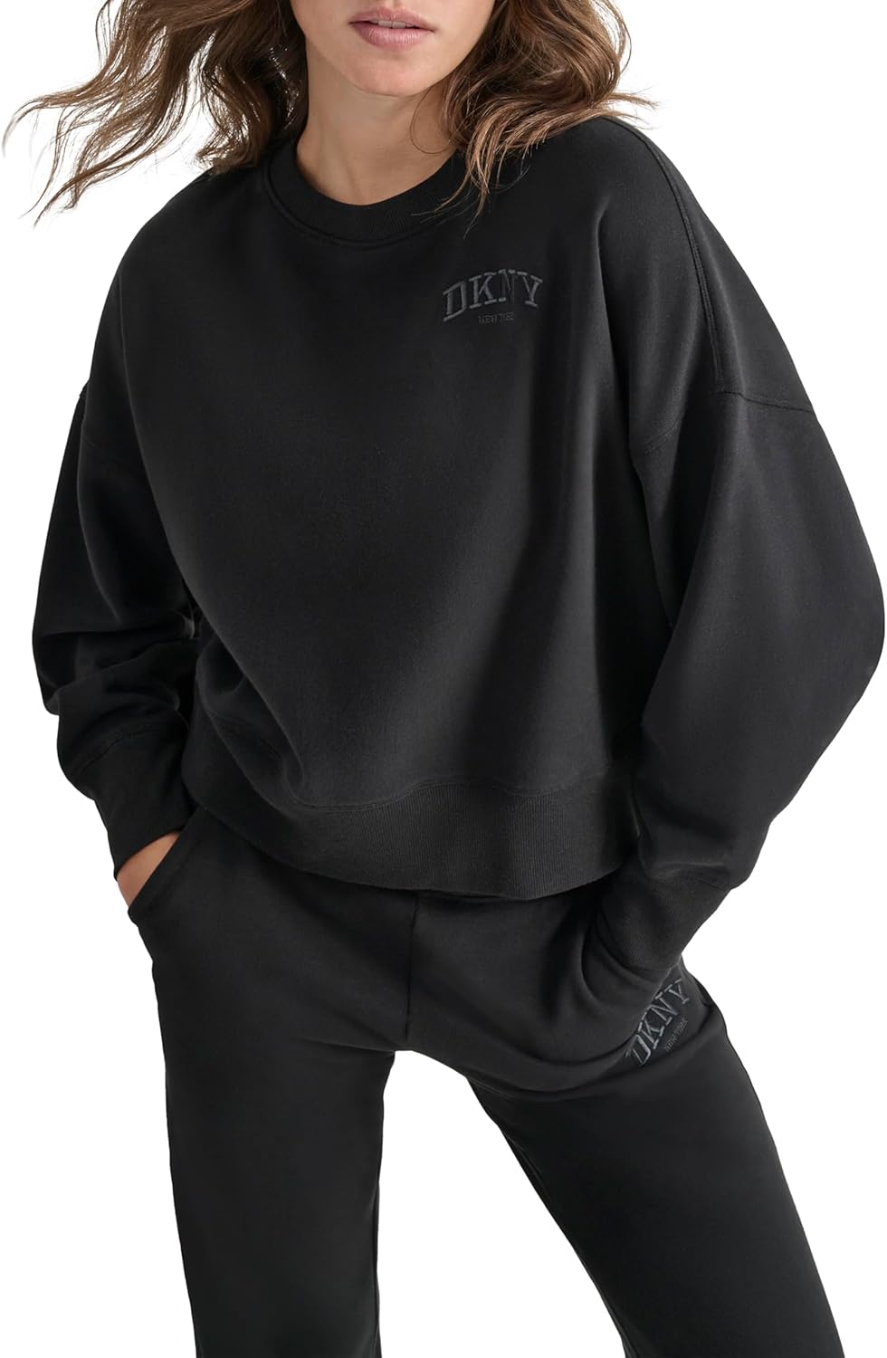 DKNY womens Varsity Embroidered Logo Crewneck Sweatshirt