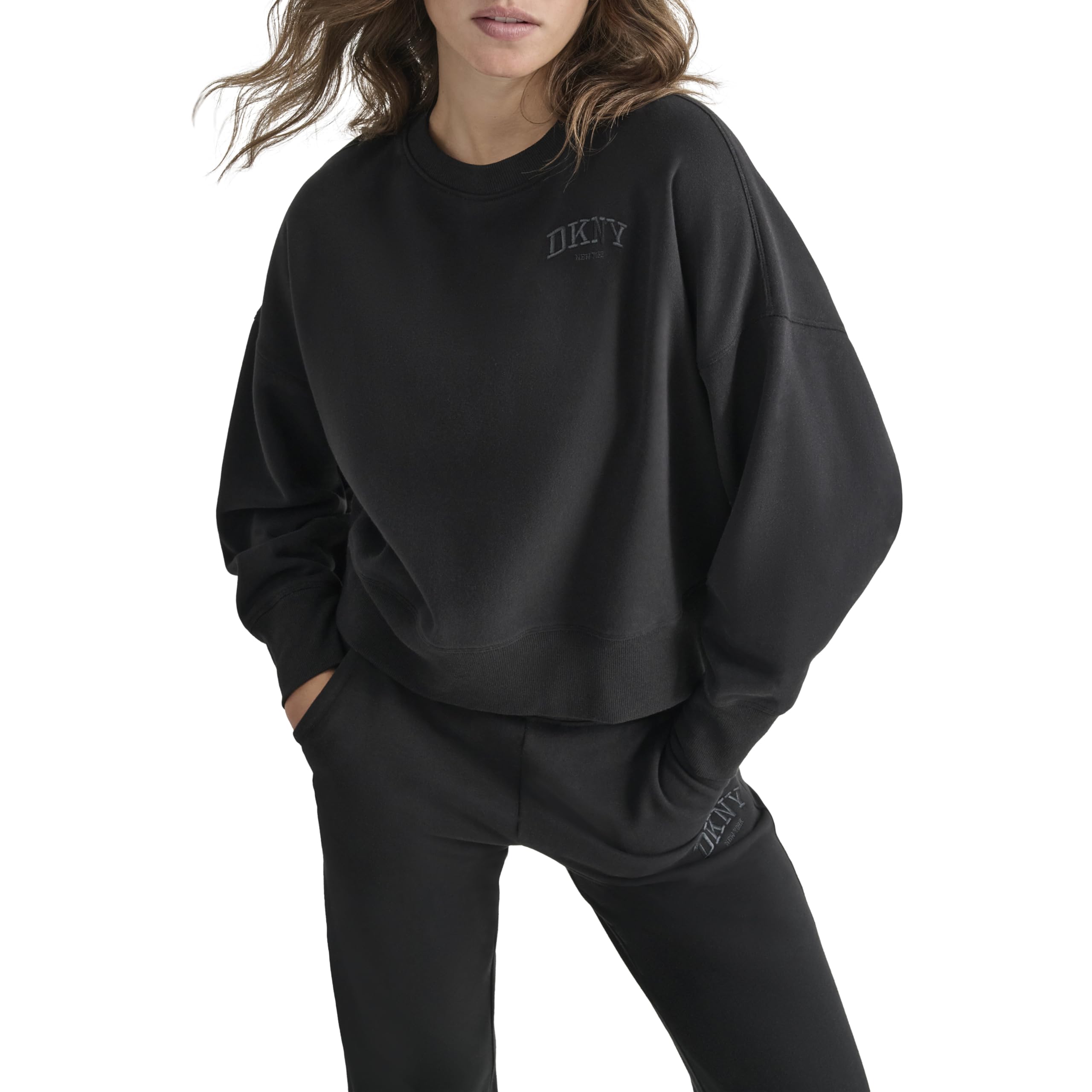 DKNY Damen Pullover Crew Varsity Embroidered Logo Blouson Sleeve Sweatshirt Kapuzenpullover