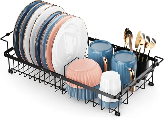 iSPECLE Dish Drying Rack - Dish Drainer on Counter, Over Sink Dish Rack or in Sink Draining Rack, Kitchen Drainer with Removable Cutlery Holder Large Capacity(Black, Large)