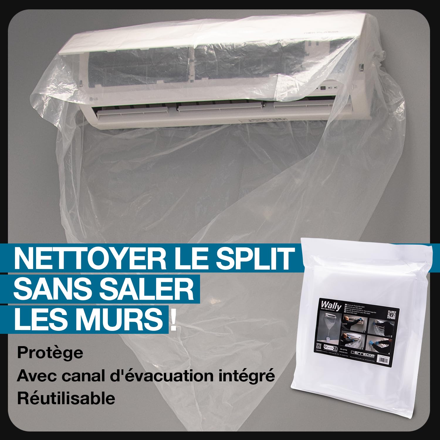 Errecom Kit nettoyage complet climatisation, avec Clima-Net 1L et housse Wally pour unité intérieure et filtres, Bio-Acid et Bio-Alkaline 2L détergents pour unité extérieure, gants