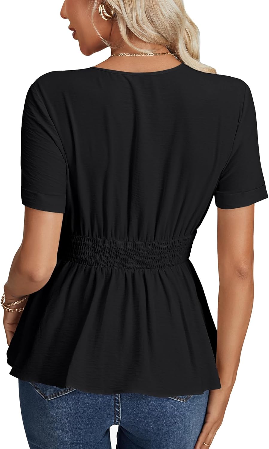 LYANER Women's Peplum V Neck Shirred Roll up Sleeve Slim Fit Ruffle Work Office Blouse Tops - Image 5