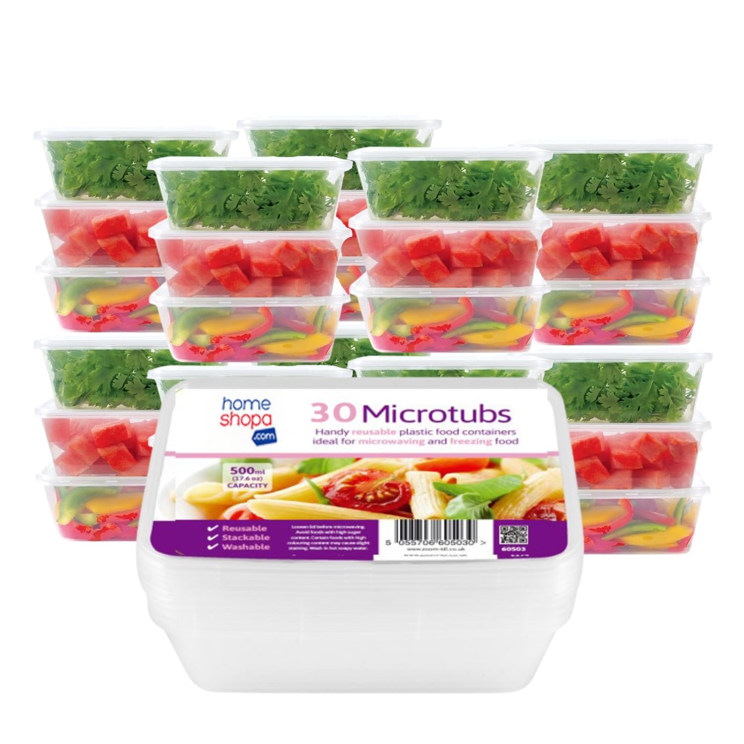 HOMESHOPA Plastic Food Storage Containers, 500ml Rectangular Microwave Clear Container with Lids, BPA Free Stackable Airtight Reusable, Dishwasher & Freezer Safe, Meal Prep Takeaway Tubs (30)