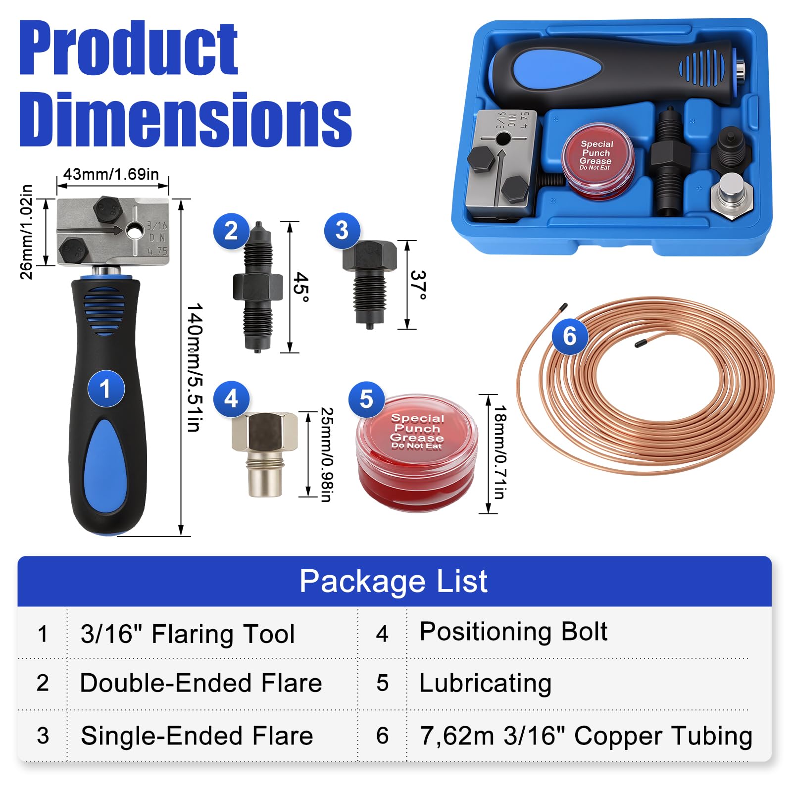 Poweka Kit de Herramienta Abocardar Tubos Freno DIN, 4,75 mm (3/16") Universal Herramienta para Bordes de Tubos de Freno, 7,62 m Cable de Freno con 16 Racores y 5 Conectores
