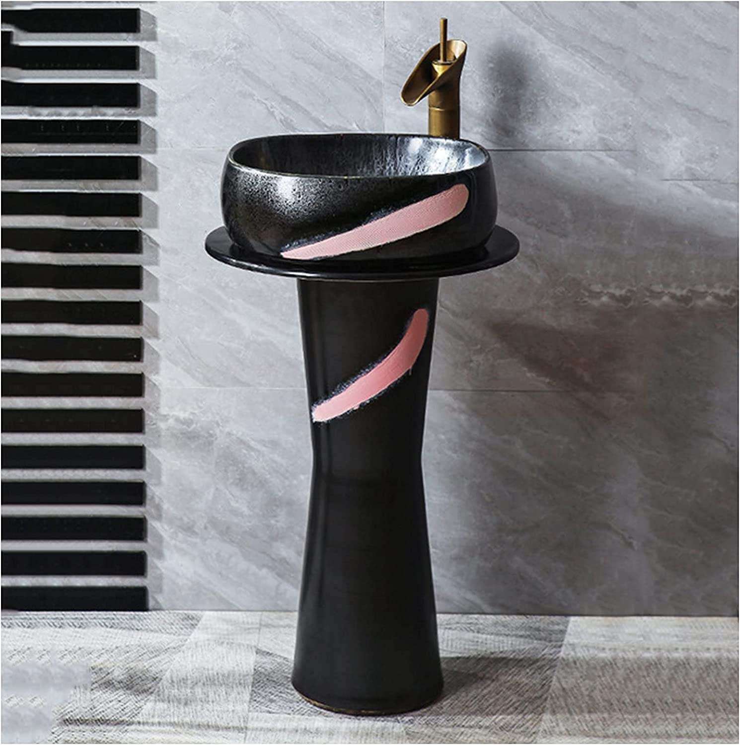 OLSKFUH Freestanding Pedestal Sink Floor Standing Art Sink Bathrooms Ceramic Luxurious Pedestal Basin Round Freestanding Sink Pedestal Lavatory Sink Standalone Art Ceramic Wash B,I