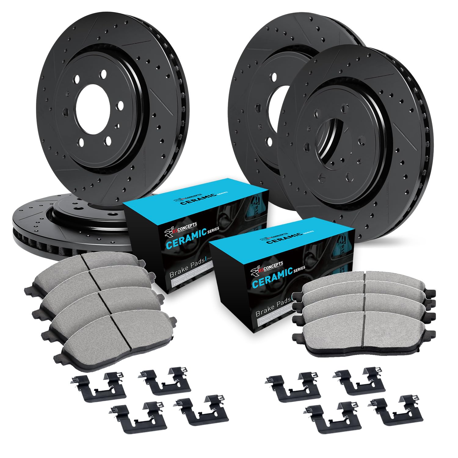 R1 Concepts Front Rear Brakes And Rotors Kit |Front Rear Brake Pads| Brake Rotors And Pads| Optimum OEp Brake Pads And Rotors |Hardware Kit WGUH2-27007