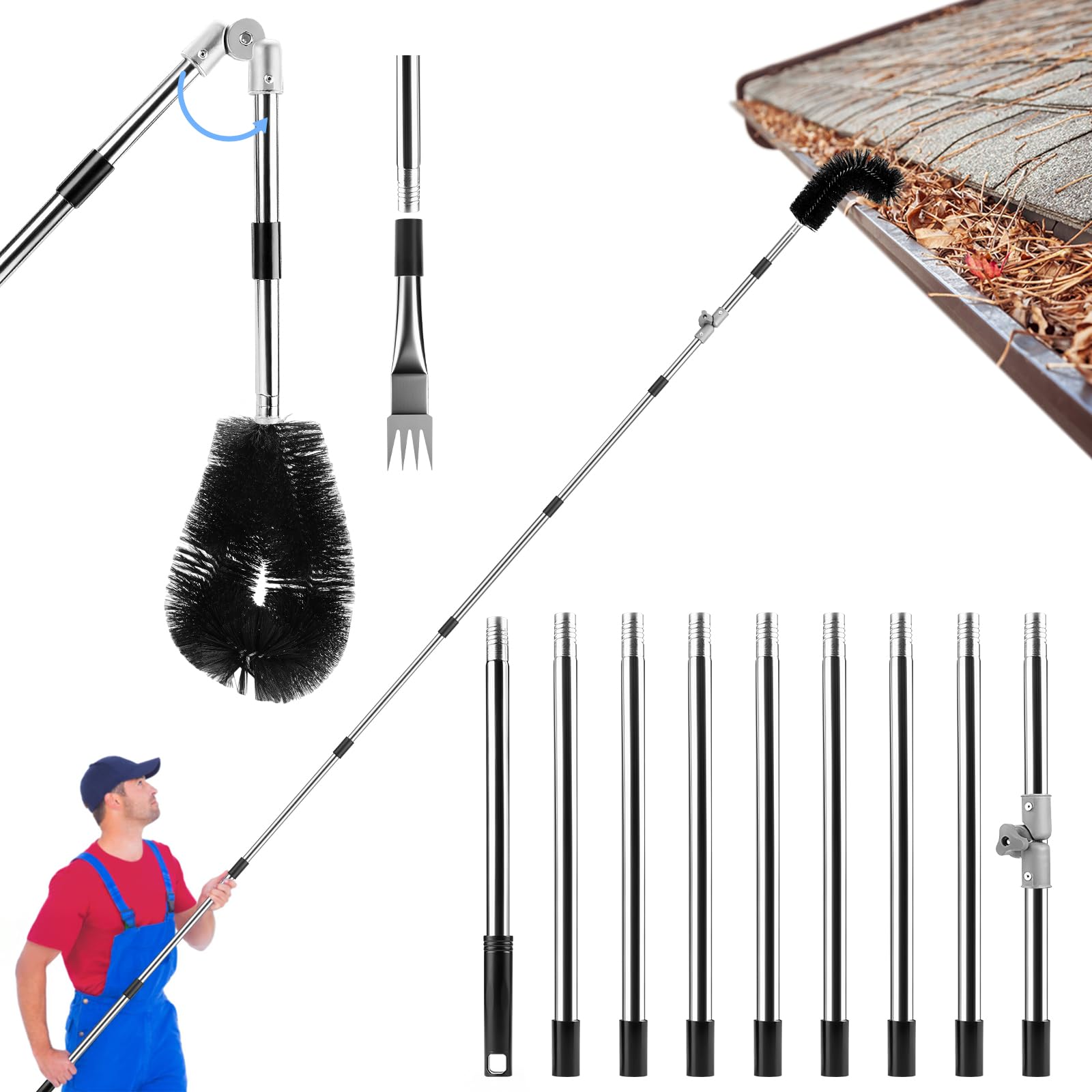 Kit de limpieza de canalones telescópico de 4 m, poste de ángulo ajustable con cepillo y cuchara para eliminar hojas, desechos y telarañas, herramienta de limpieza de canalones de techo para
