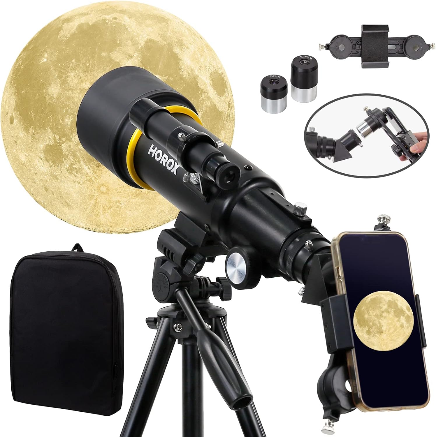 HOROX telescope with smartphone adapter, two eyepieces, and a black accessory bag.