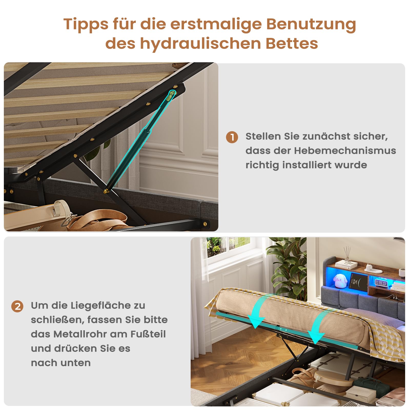 AOGLLATI Polsterbett 140×200 Hydraulisches Stauraumbett mit LED-Bleuchtung,Jugendbett mit USB- und Type-C-Anschlüsse Doppelbett Bettgestell mit Holzlatten, Leinenstoff,ohne Matratze(Grau, 140x200cm)