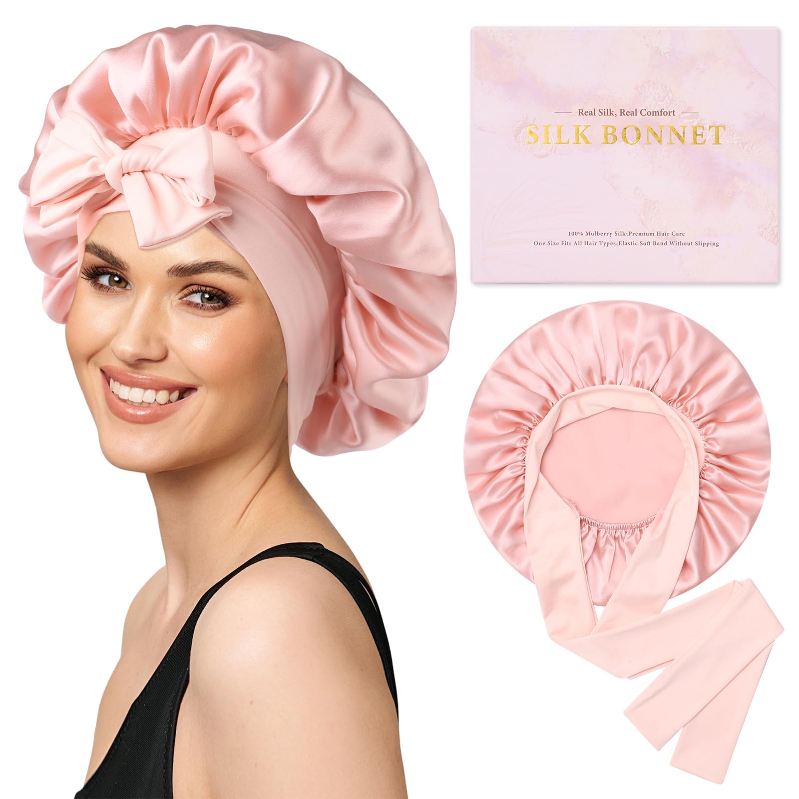 AWAYTR Mulberry Silk Bonnet for Sleeping - Silk Sleep Bonnet with Tie Band for Curly Hair Men and Women (Pink)