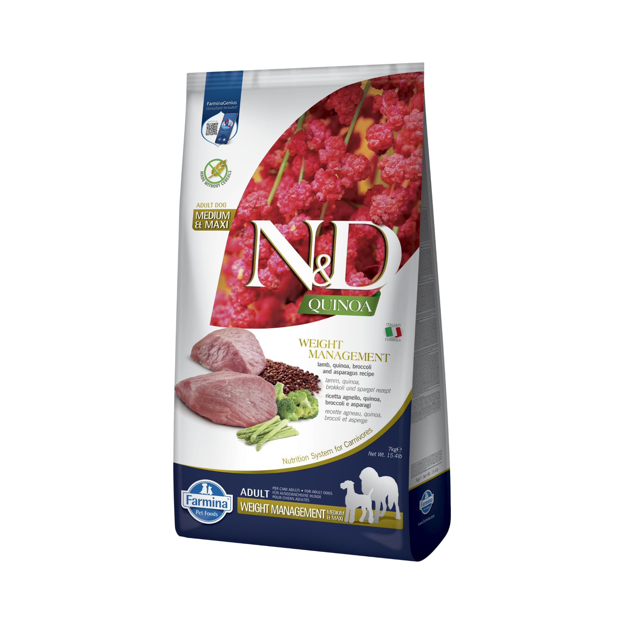 Farmina, N&D Quinoa Weight Management, Agnello, Broccoli e Asparagi, Cane Adult Medium/Maxi, 7kg