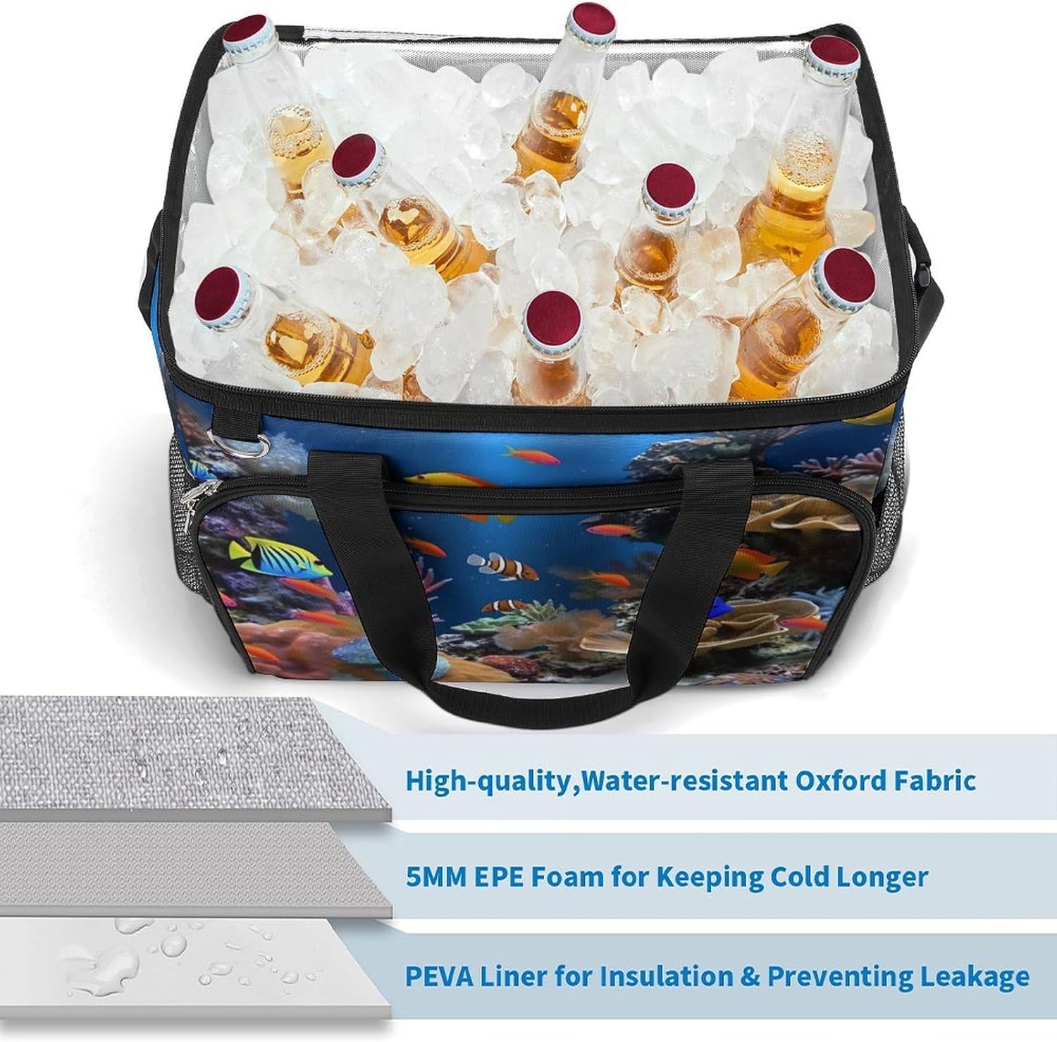 Large Capacity Oxford Cloth Marine Life Printed Camping Ice Bag, Outdoor Portable Insulation and Cooling Bag, Suitable for Outdoor Camping and Picnics