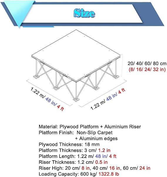 Portable Stage Platform 4x4, Foldable Dance Stage Platform with Interlocking System, Selectable Height Stable Modular Stage Kit for Music Performance Drum(H 40cm/15.7in)
