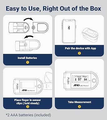 A&D Medical Fingertip Pulse Oximeter Bluetooth UP-200BLE For Athletic & General Wellness Use. Tracks O2, SpO2, Pulse. Includes case, lanyard, batteries. iOS/Android compatible.