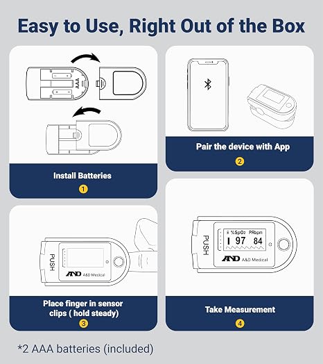 A&D Medical Fingertip Pulse Oximeter Bluetooth UP-200BLE For Athletic & General Wellness Use. Tracks O2, SpO2, Pulse. Includes case, lanyard, batteries. iOS/Android compatible.