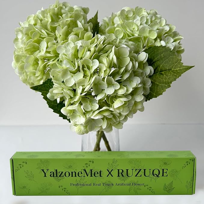 YalzoneMet RUZUQE Light Green Hydrangea Artificial Flowers, 3 Pcs Lifelike Real Touch Latex Hydrangea Fake Flowers, 21 inch Faux Green Flower for Home Wedding Decor Flower Arrangement