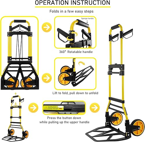 Miniatura 3 de Carro de Mano Plegable y Carretilla, Capacidad de 440 libras Carro de Equipaje Portátil con Ruedas de Goma y Mango Retráctil, Carro de Mano Plegable