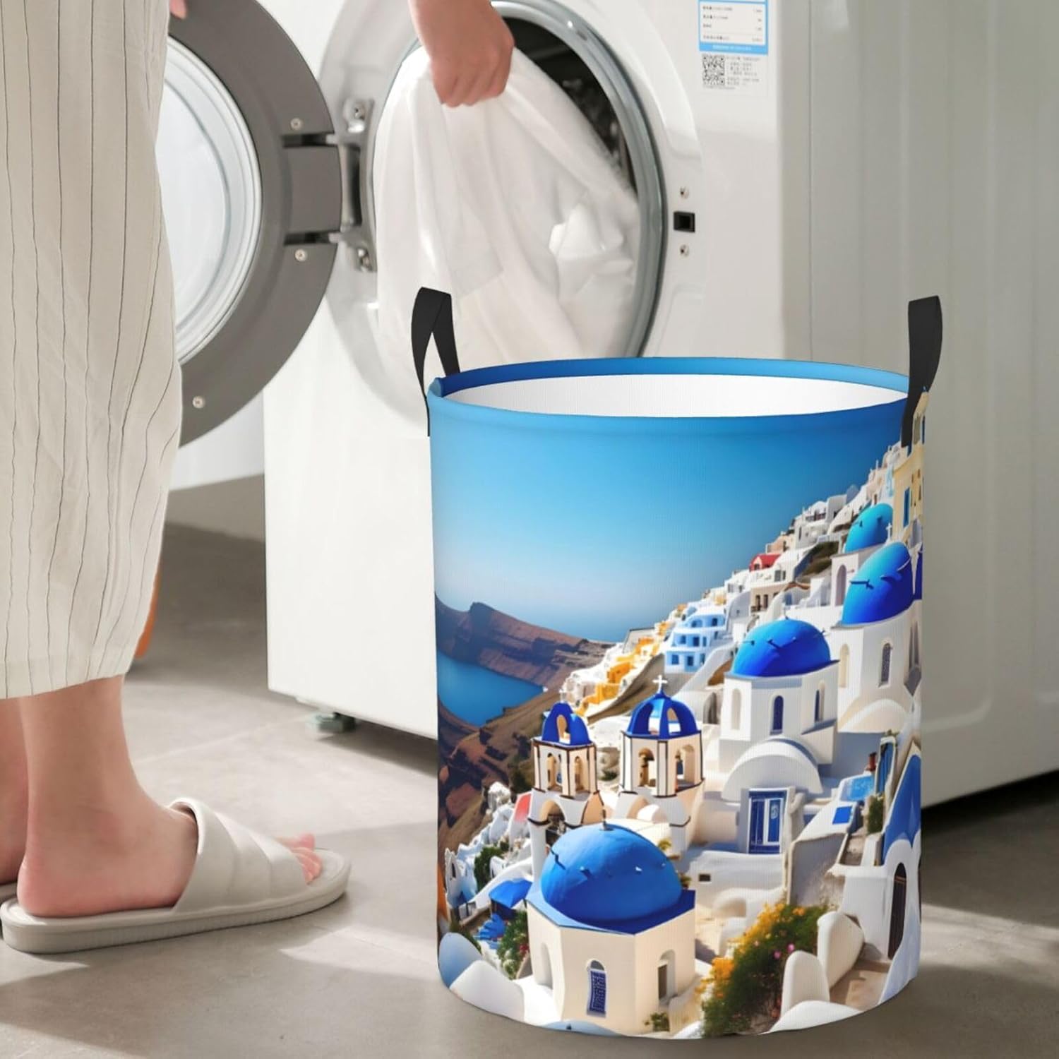 Santorini Greek Island Sea View Print Laundry Baskets Decorative Basket Living Room Storage Basket For Blankets Clothes Pillows, Medium, Black