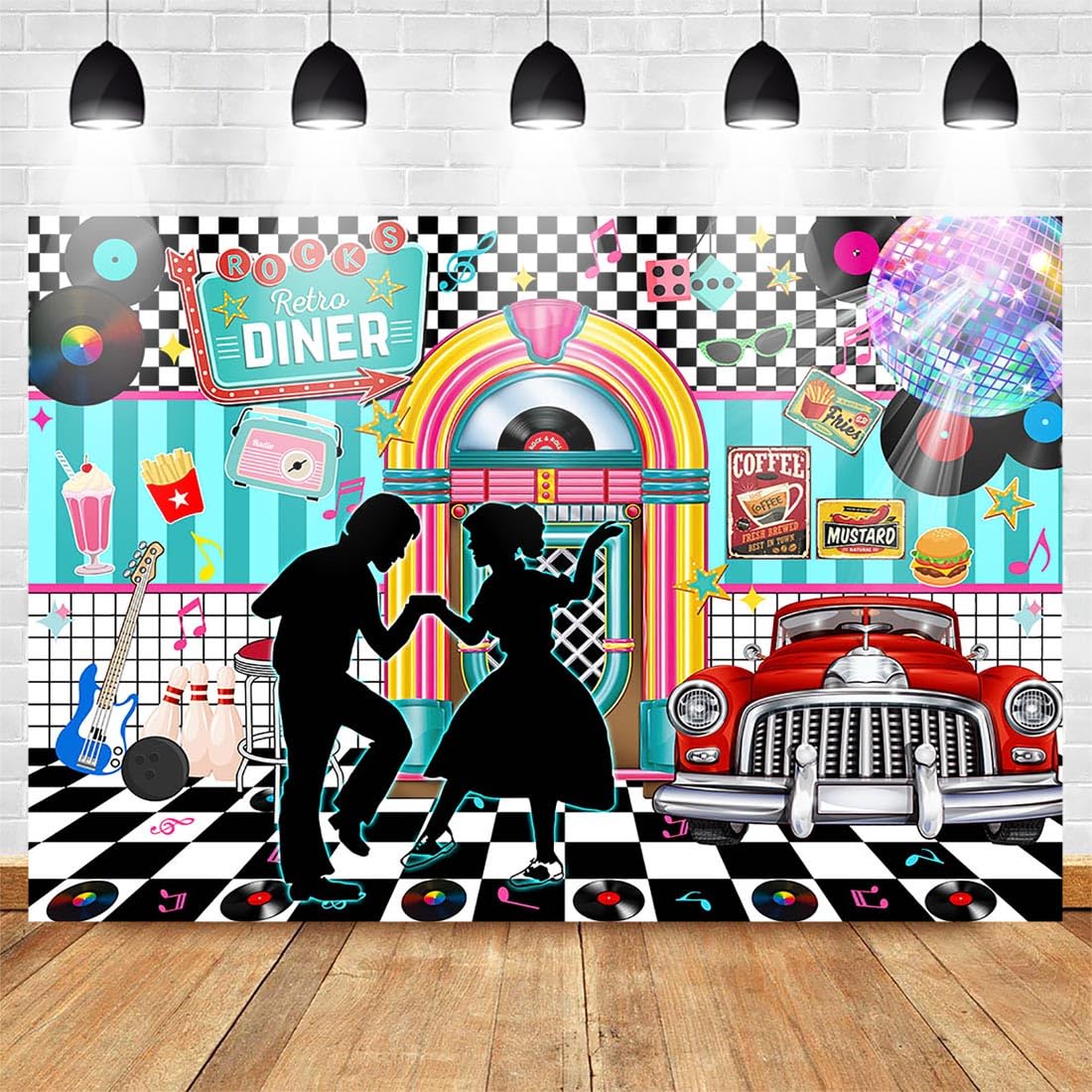 Avezano Back to 50s Backdrop Rock and Roll Retro Diner Disco Dance Photography Background 50s Theme Party Banner Decoration Supplies (8x6ft)