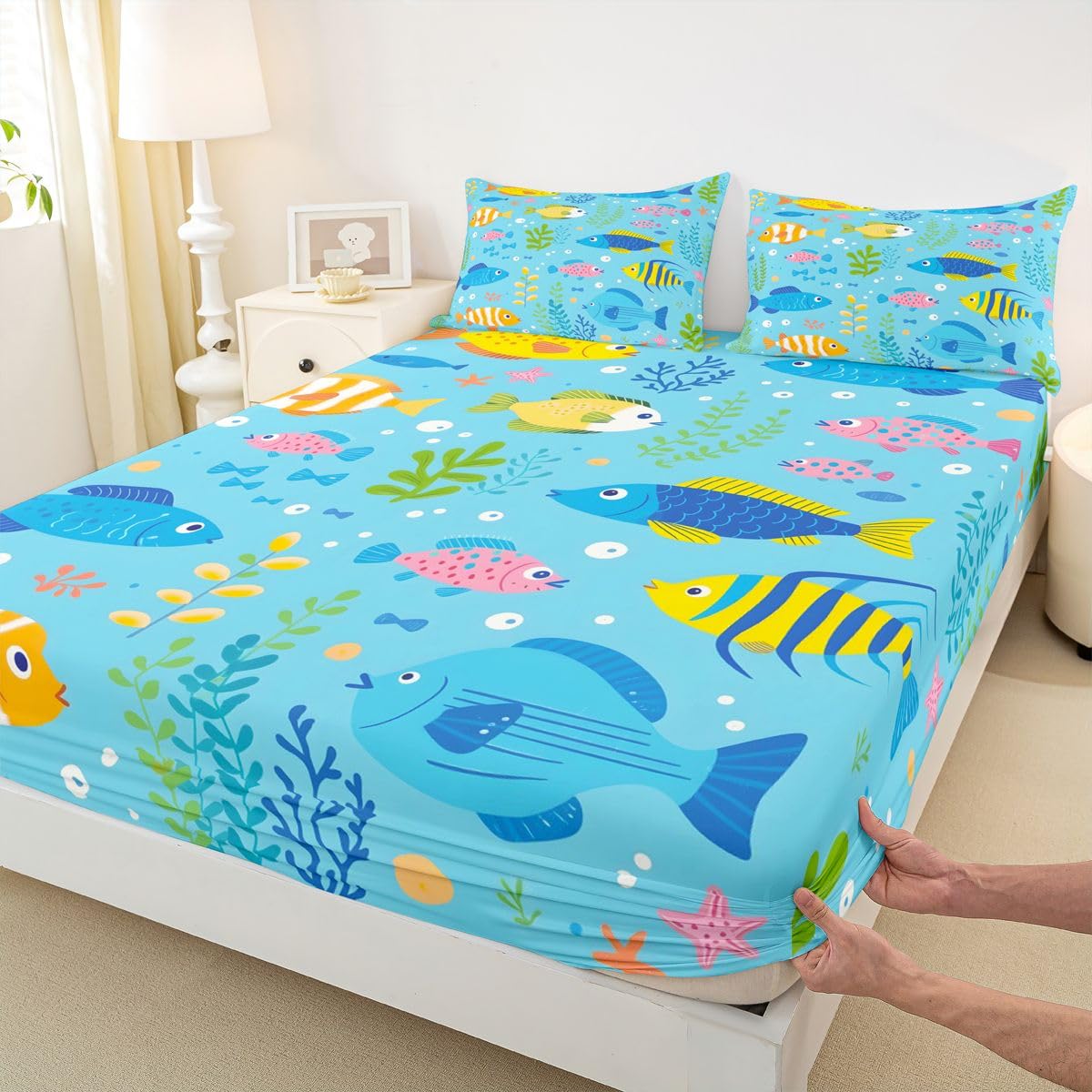 Homewish Sea World urocze ryby podwójne płaskie prześcieradło z gumką niebieskie zwierzę morskie kreskówka prześcieradła głęboka kieszeń 16 cali (40 cm), zestaw prześcieradeł bąbelkowych z 2
