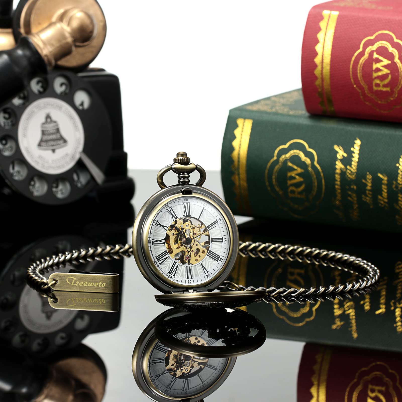 TREEWETO Mechanische Bronze-Taschenuhr für Herren, Glücks-Pfau, Skelett-Taschenuhr, antikes römisches Zifferblatt, mit Kettenbox, bronze