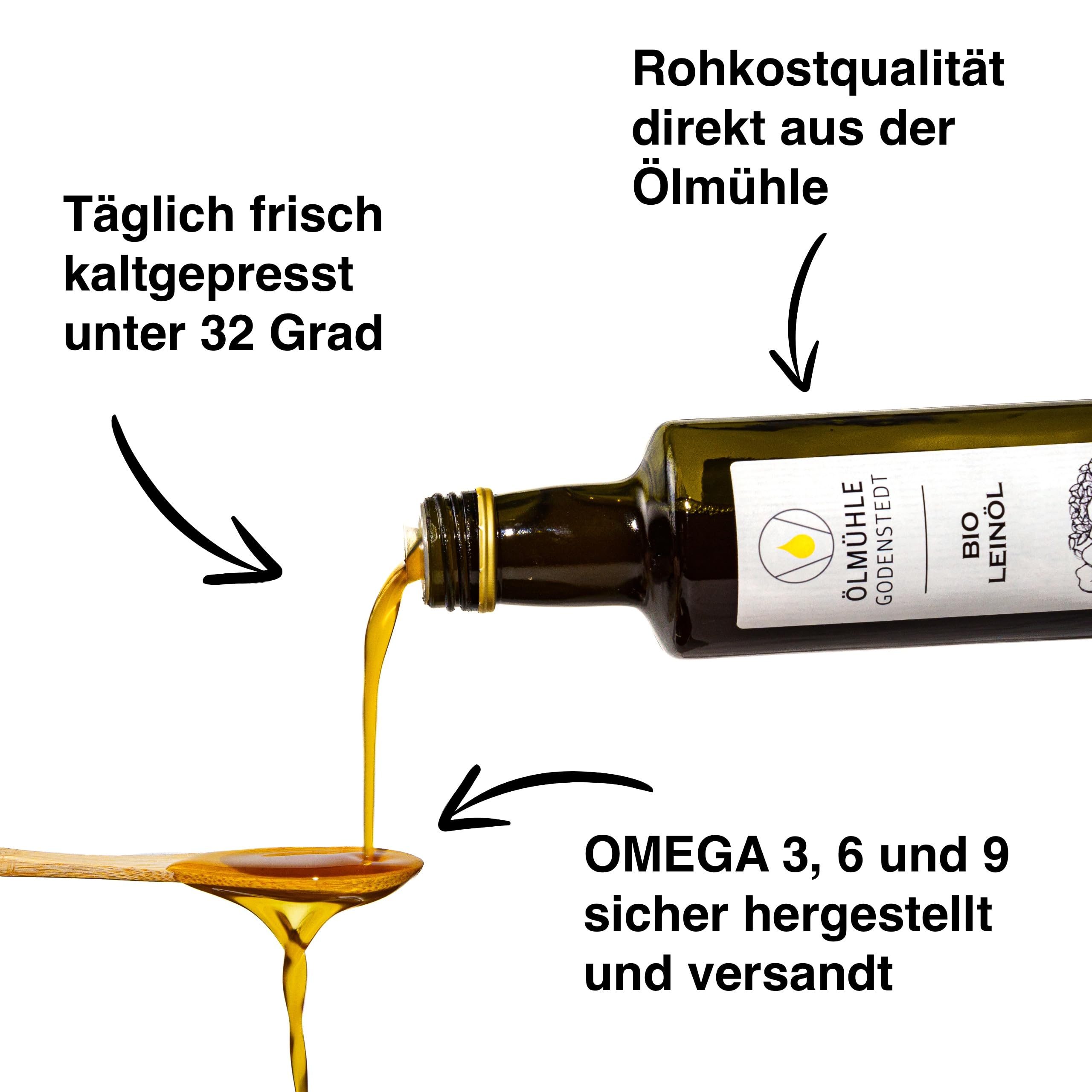 Bio Leinöl 1000ml (2x500ml) 1Liter - stets frisch kaltgepresst aus Bio Leinsaat, milder Geschmack, mit Öko-Strom in Deutschland hergestellt, direkt aus der Ölmühle Godenstedt