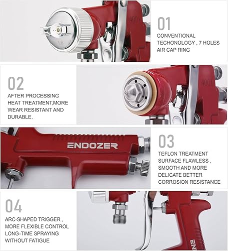 Miniatura 3 de ENDOZER Pistola pulverizadora profesional de alimentación por sifón para pintura, mango rojo, 34 oz - boquilla de 1.8mm para una variedad de