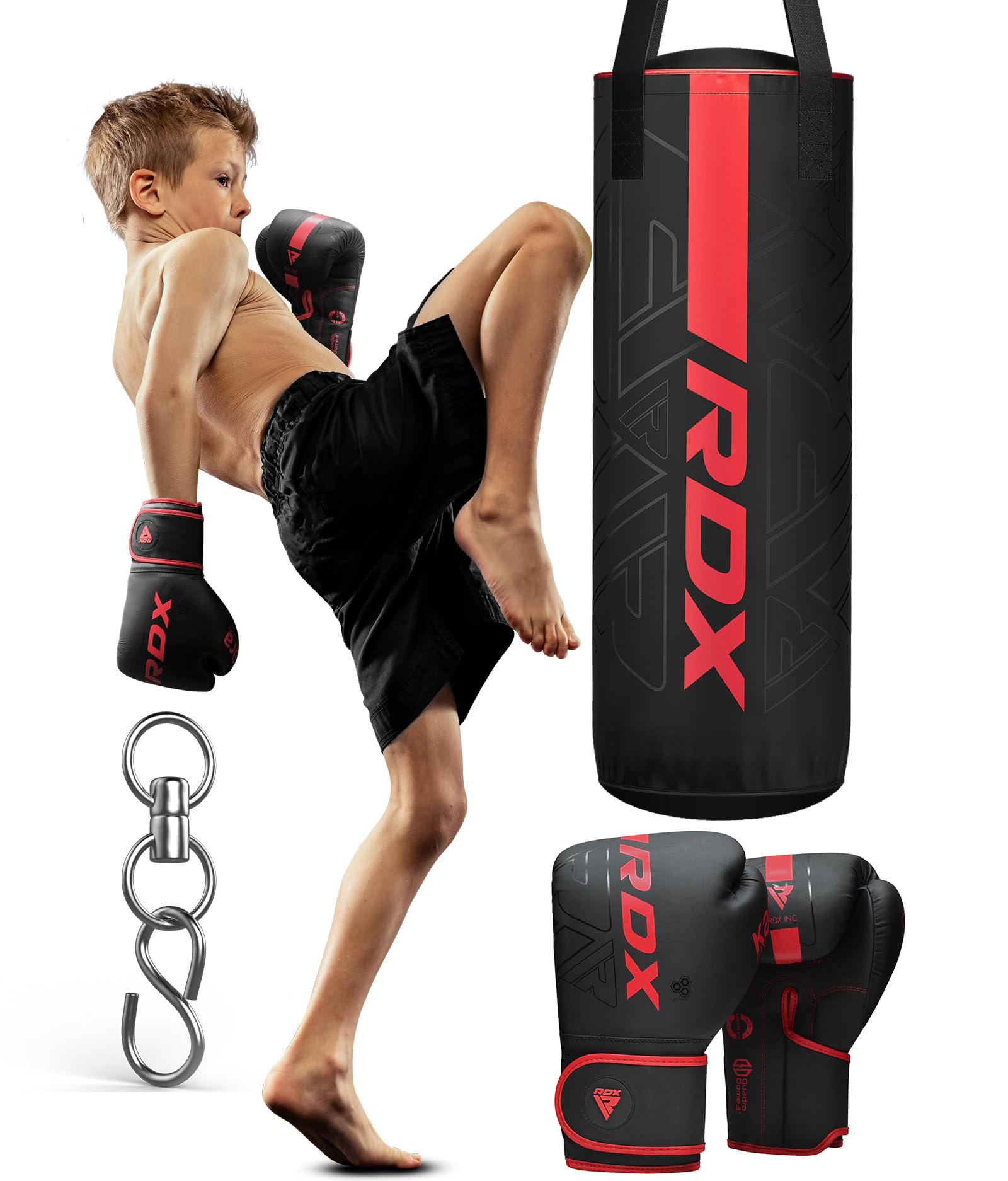 RDX Filled Kids Punch Bag, 60CM Maya Hide Leather Hanging Junior Set for MMA Muay Thai Karate Kickboxing Training, Youth Punching Bag for Girls Boys Children