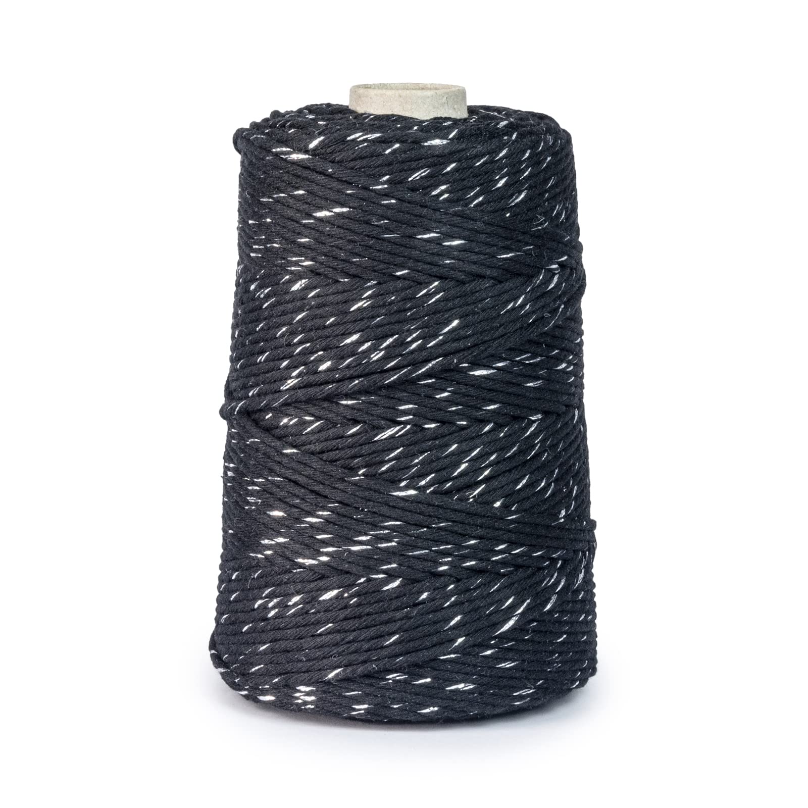 Hilo de macramé prémium, 800 m, 3 mm, negro con hilo plateado, 100 % algodón, cordón natural, hilo de algodón, decoración para manualidades