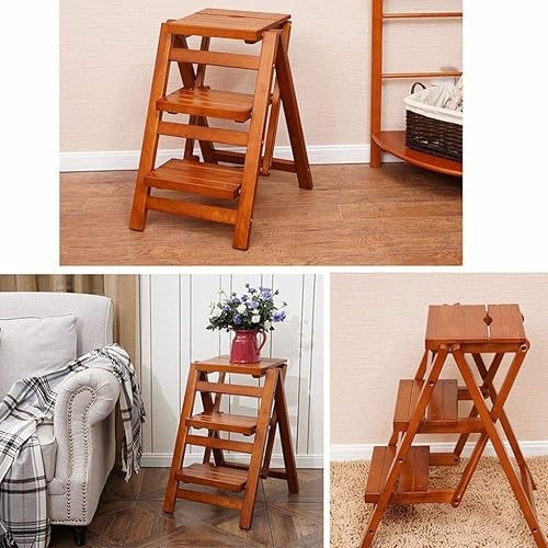 Miniatura 5 de ZSEDP - Taburete plegable para el hogar escalera de madera maciza cocina multifunción 3 escaleras soporte de flores color nogal