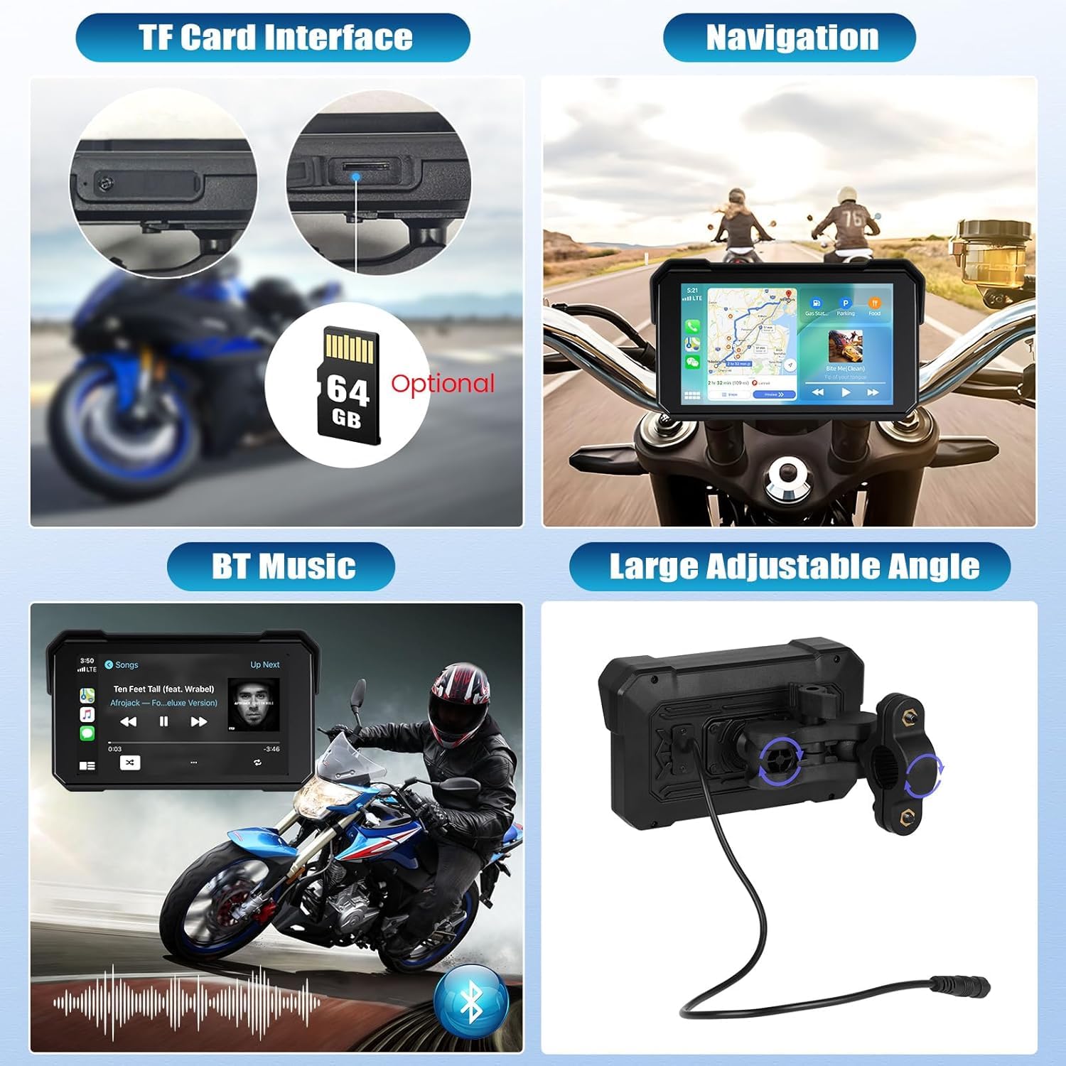 Motorrad GPS CarPlay Bildschirm mit drahtloser Carplay und Android Auto, tragbarer Wasserdichter 5 "Touchscreen Motorcycle GPS CarPlay -Bildschirm unterstütztBluetooth+Reifendruckkontrollsystem
