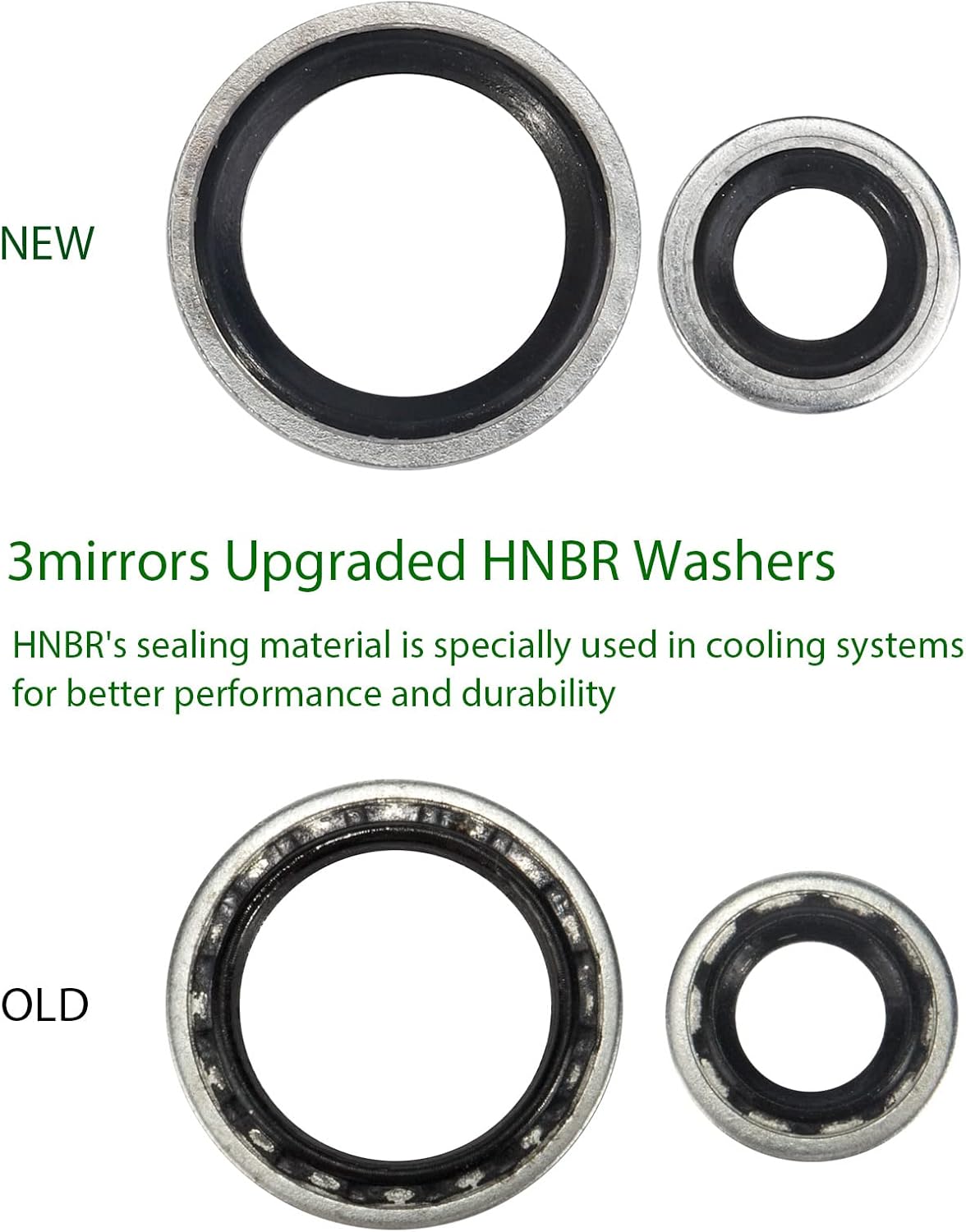 Comparison of new HNBR washers versus old washers, highlighting the improved sealing material.