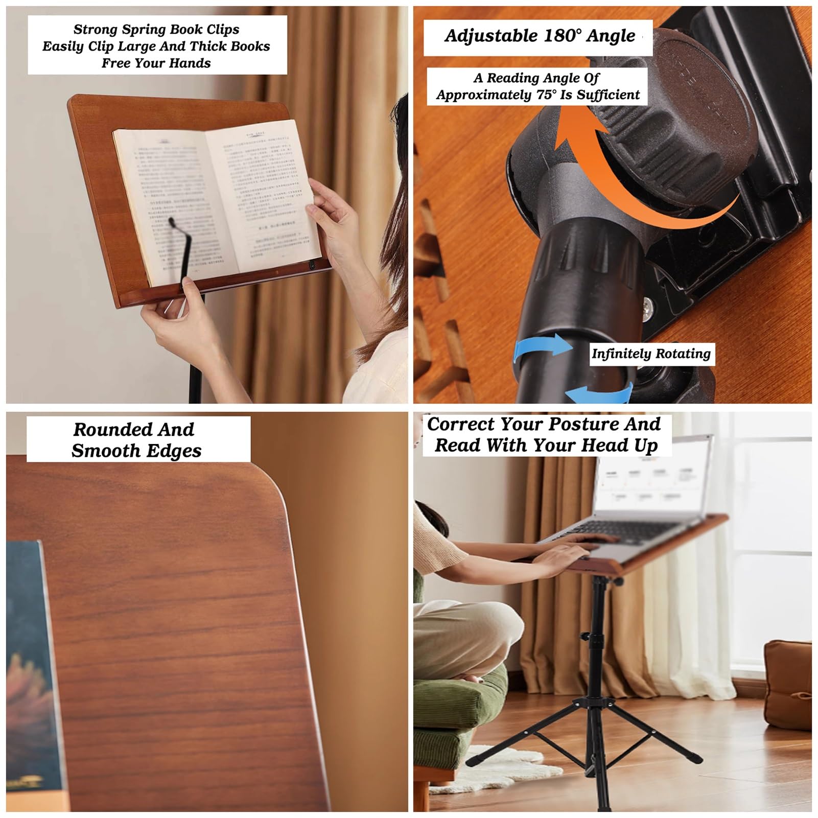 Leggio da terra con graffette, altezza regolabile (52-160 cm), treppiede regolabile a 180° per spartiti musicali o libri