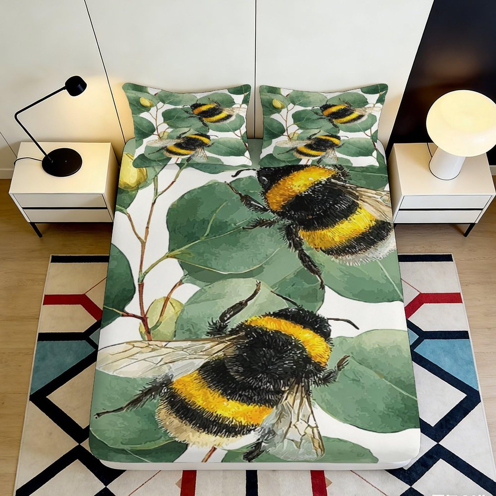 3D Printed Bumblebee Leaf Fitted Sheet Microfiber Soft Mattress Cover for Bedroom Guest Room Dorm Decor Washable 90x200x25cm
