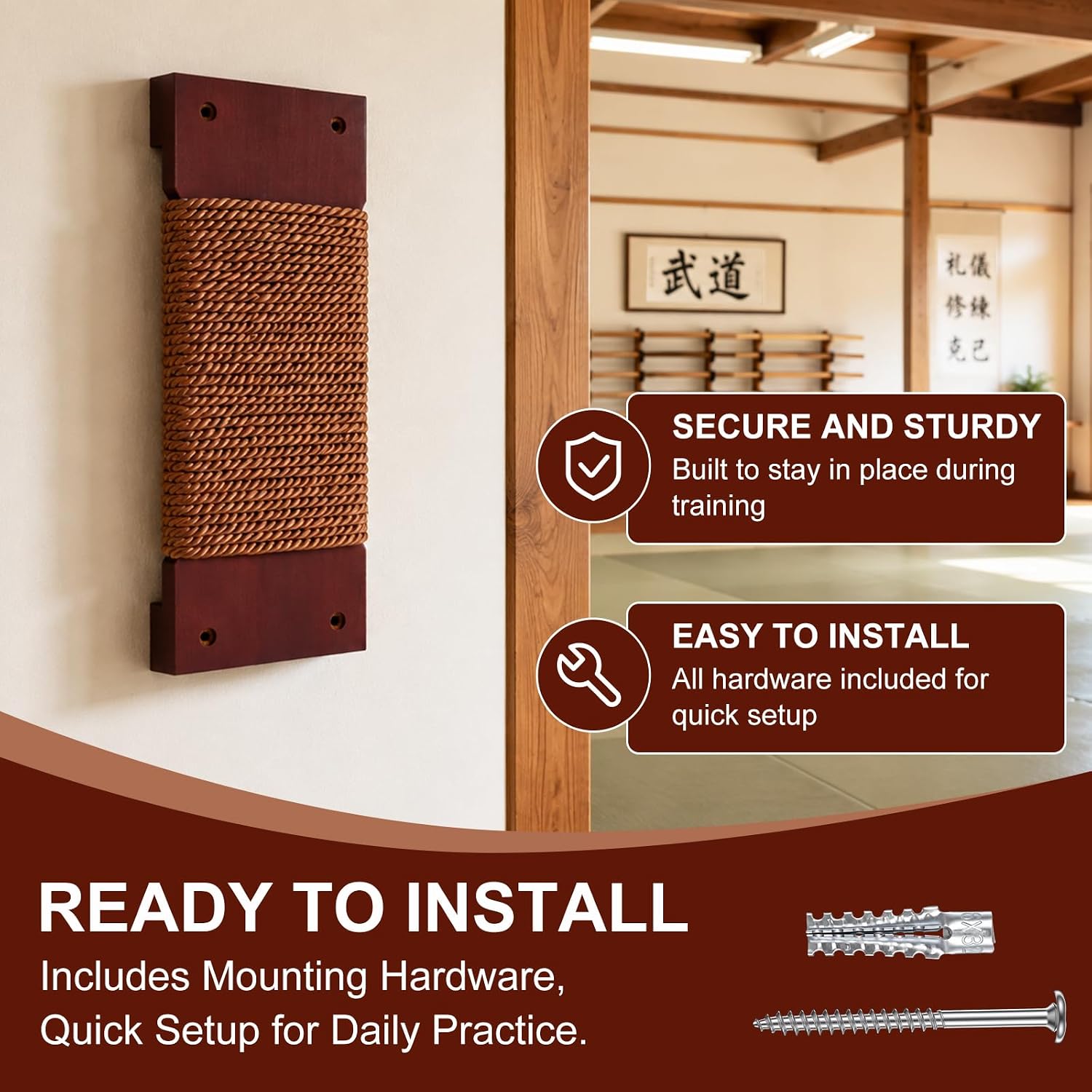 SiliFine 14.5" x 5" Wall Mount Makiwara, Solid Beech Wood Punching Board, Pre-drilled Holes for Easy Wall Mount, Martial Arts Training Equipment, Home Gym Garage Dorm (Brown)