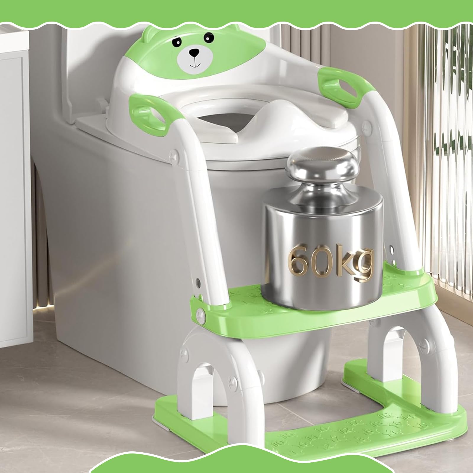 Réducteur Toilette Enfant 2-en-1, Rehausseur WC Pliable Réglable avec Escalier Antidérapant, Coussin PU Confortable, Adapté aux Toilettes V/O/U, Apprentissage Propreté pour Enfants 1-6 Ans (Vert)