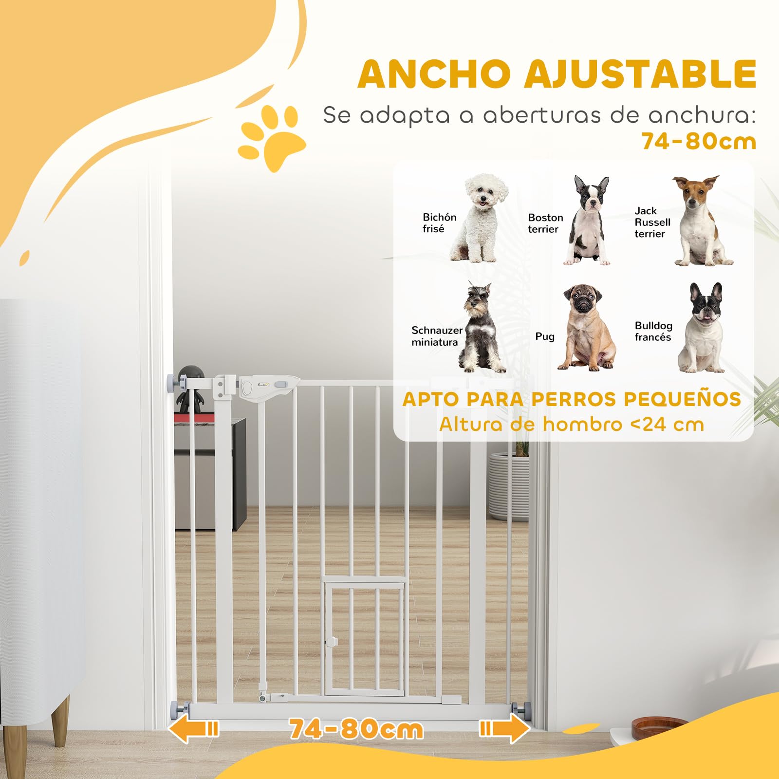 PawHut Barrera de Seguridad para Perros Barrera para Mascotas Extensible con Puerta Pequeño Cierre Automático y Sistema de Doble Bloqueo para Puerta Pasillo Escalera 74-80x76,2 cm Blanco