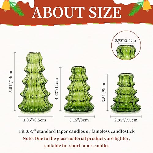 Miniatura 7 de Glasseam Portavelas de árbol de Navidad 3 piezas de candelabros de vidrio para velas cónicas acanaladas moderno verde candelero para centro de mesa