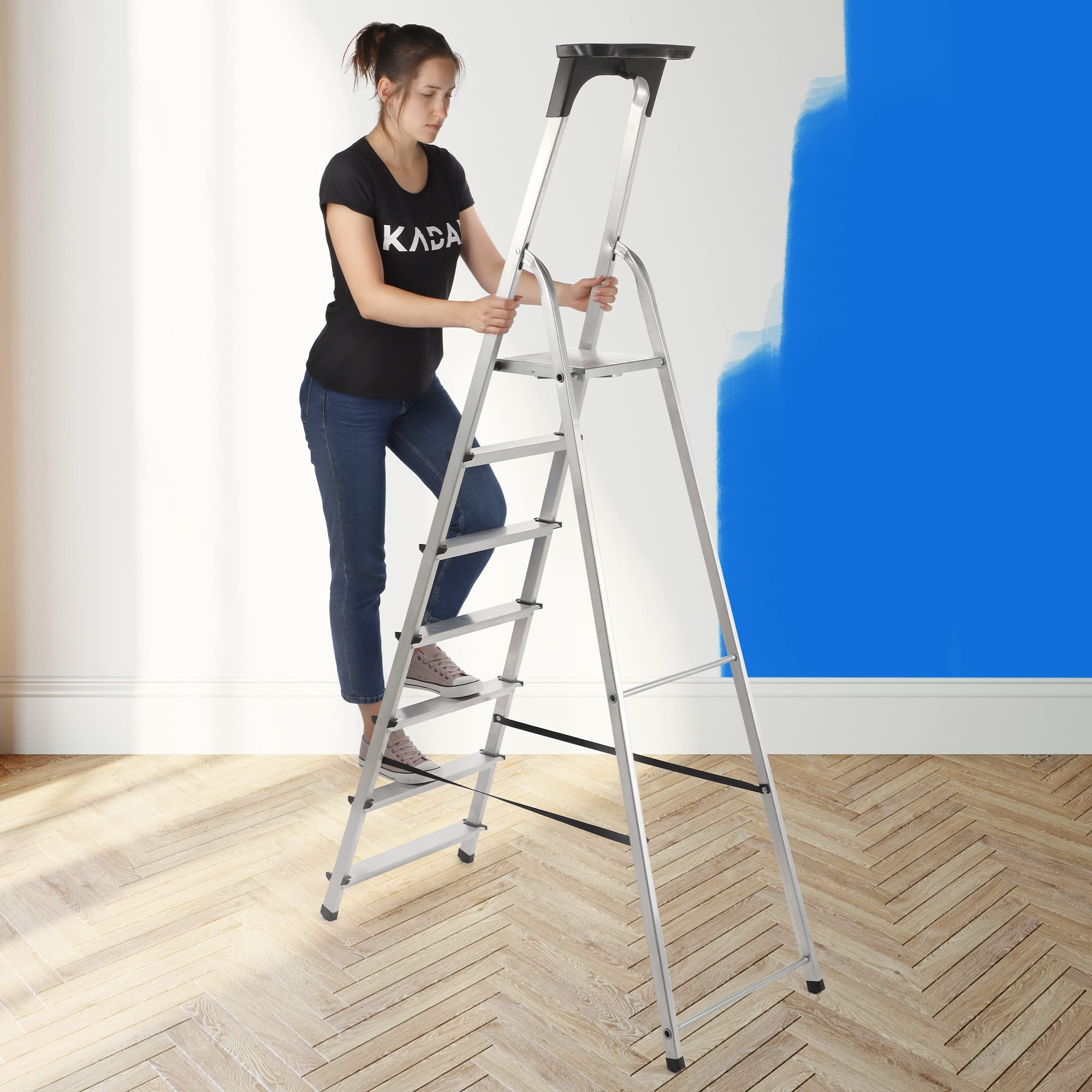 KADAX Echelle Aluminium Pliable 6 marches | escabeau Multifonction | jusqu'a 150kg | antiderapante Stable | Menage Atelier