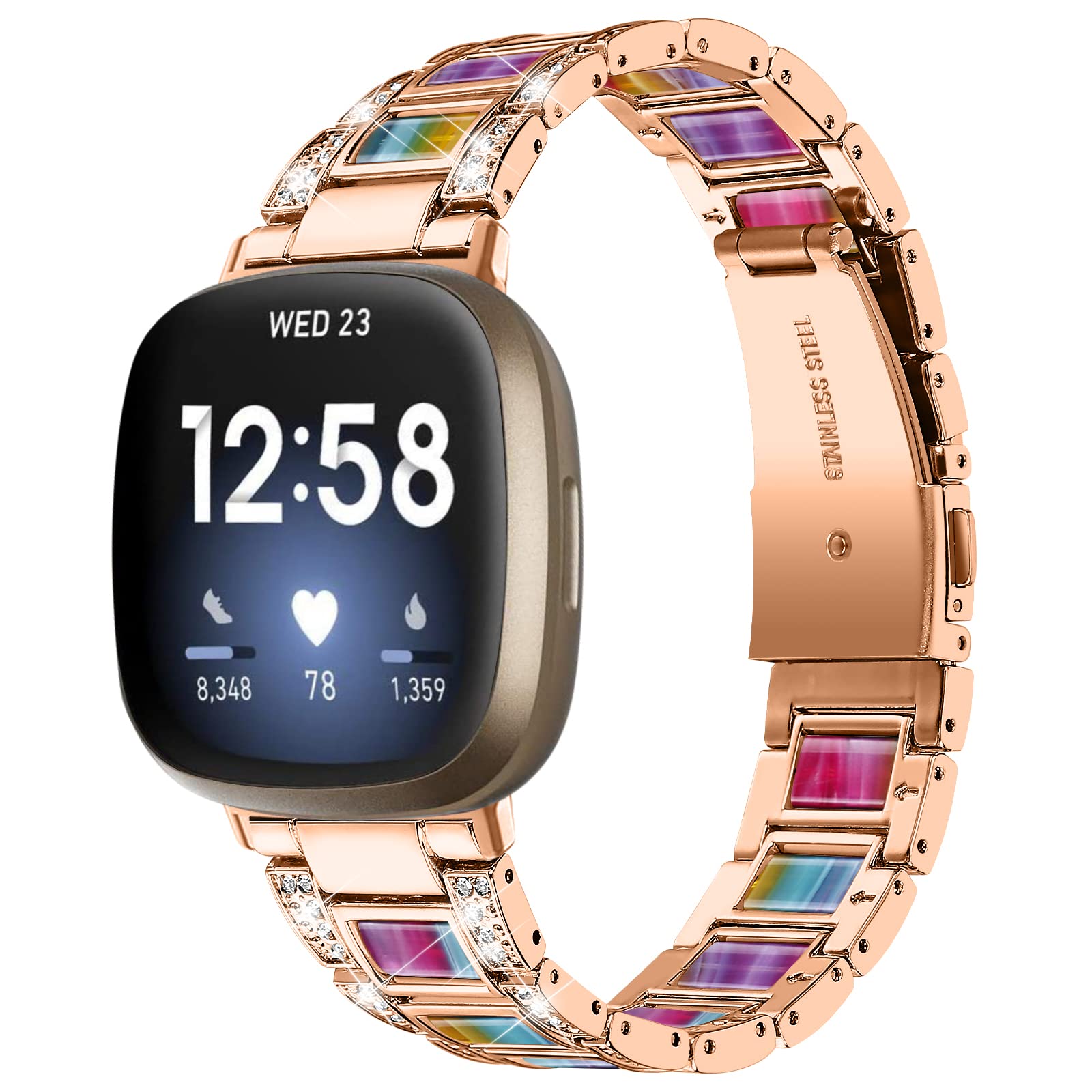 AISPORTS Compatible for Fitbit Sense 2/Versa 4 Strap Stainless Steel Resin for Women, Crystal Bling Glitter Diamonds Jewelry Metal Bracelet Sport Wristband Replacement Strap for Fitbit Sense 2/Versa 4
