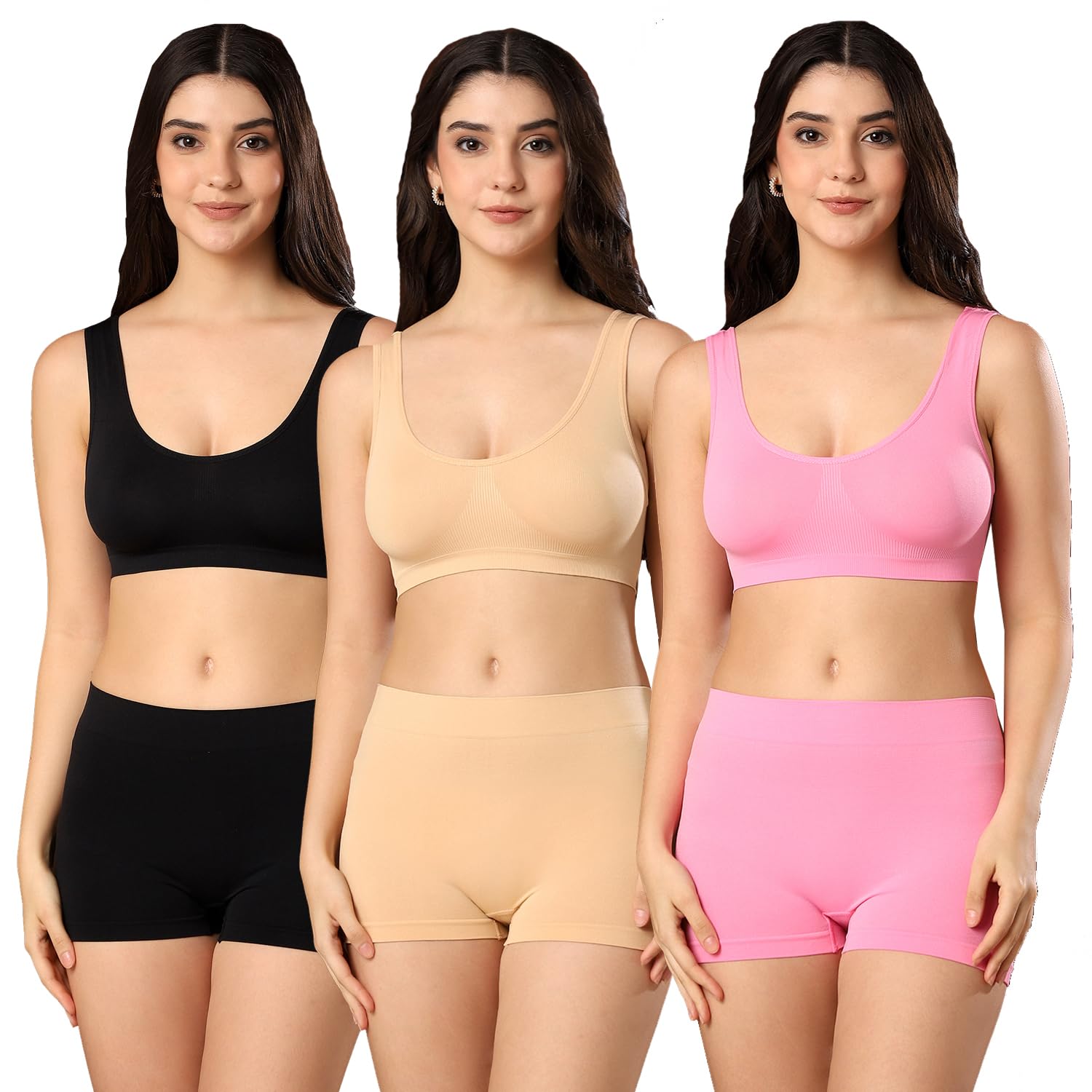 paavki Women's Pack of 3 Non-Padded Seamless Comfort Fit Stretchable Hosiery Sports Air Bra and Boyshorts Panty Set | Suitable for Gym Running Swimming Night Wear-picture-12