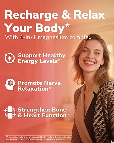 Miniatura 6 de Suplemento complejo de magnesio 4 en 1 de 1030 mg, absorción maximizada, malato, taurato y citrato, sin tamponar, apoyo óseo, corazón, nervio e