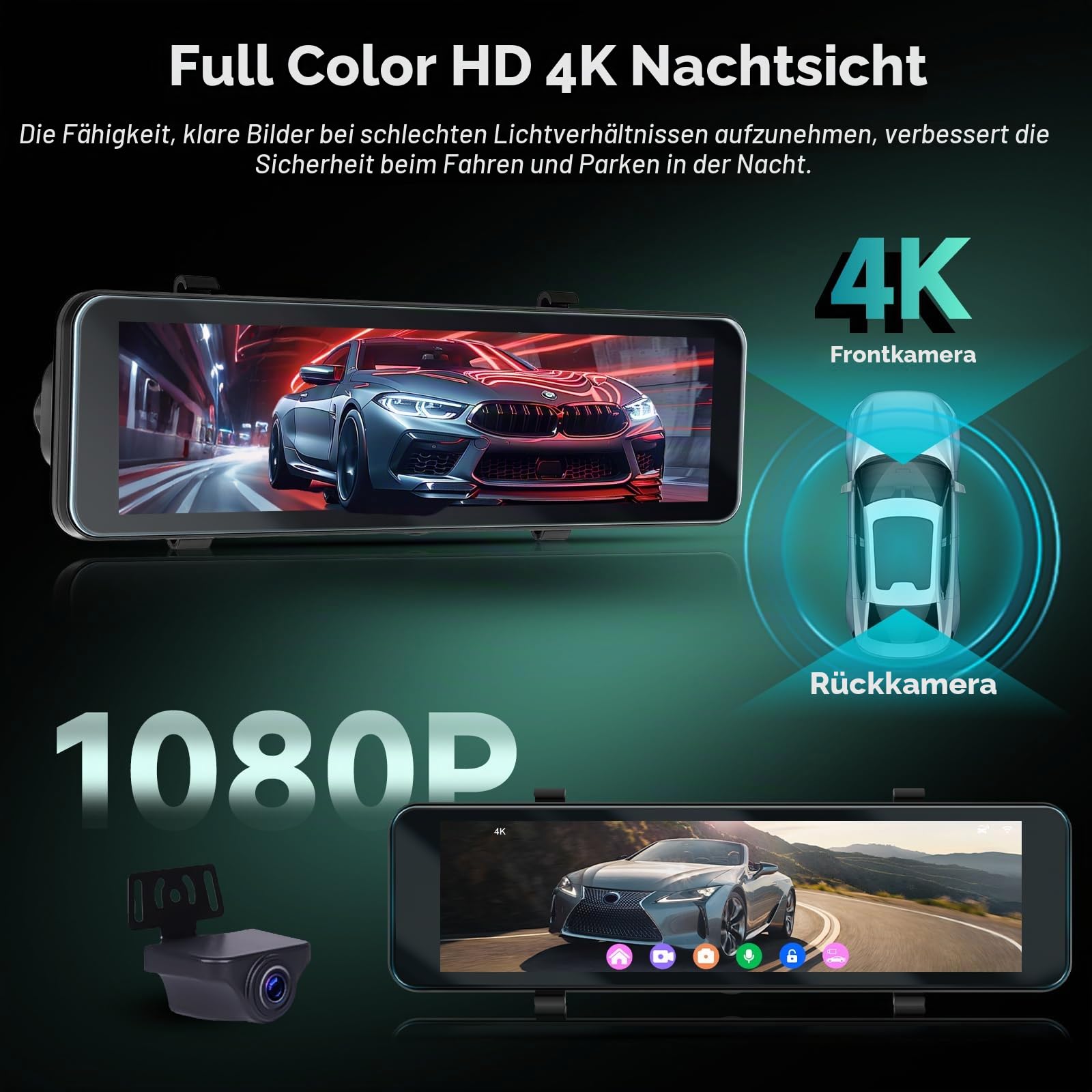 Hodozzy 4K+1080P Rückspiegel Dashcam Auto, GPS ADAS BSD WLAN & App, 10,88 Zoll Touchscreen Spiegel Dash Cam Vorne und Hinten mit Rückfahrkamera, Parkmodus, G-Sensor, Loop, Nachtsicht, 64GB TF Karte