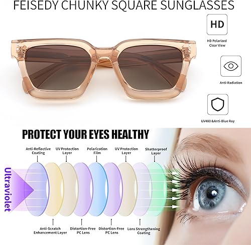 Miniatura 6 de FEISEDY Gafas de sol polarizadas para hombre y mujer, marco grueso cuadrado, rectangular, UV400, gafas de sol B2396