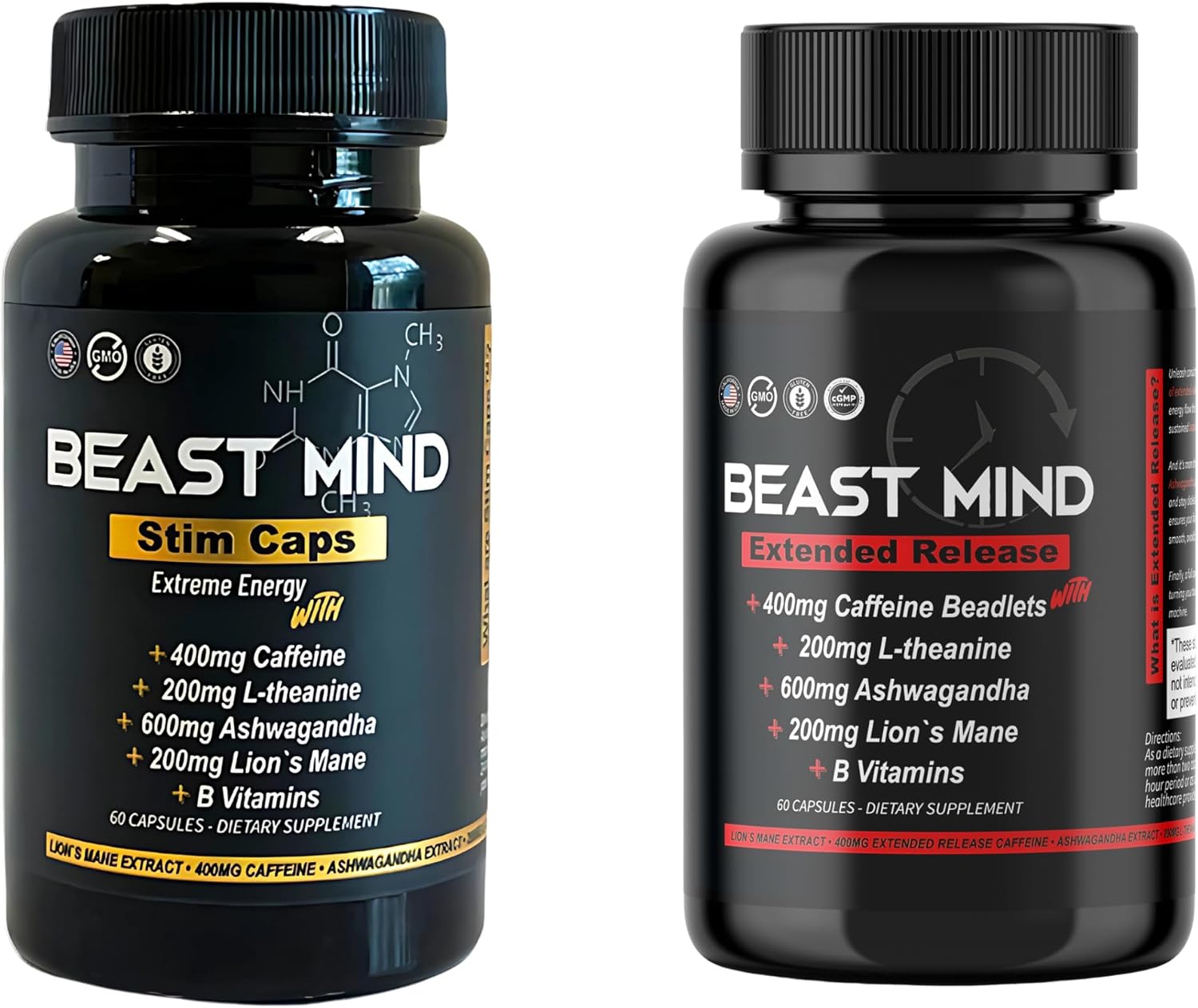 Beast Mind Dual-Energy System Bundle | Fast-Acting & Extended Release Energy Pills | 400mg Caffeine, 600mg Ashwagandha, 200mg Lions Mane | All-Day Nootropic Focus & Mood Support | 120 Capsules (60+60)
