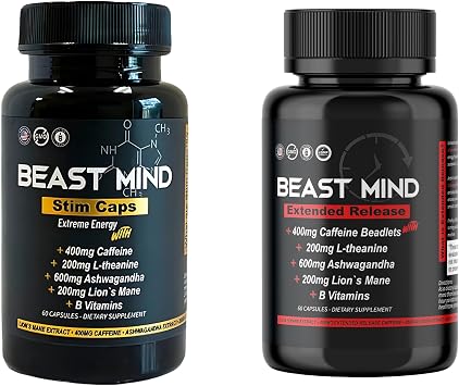 Beast Mind Dual-Energy System Bundle | Fast-Acting & Extended Release Energy Pills | 400mg Caffeine, 600mg Ashwagandha, 200mg Lions Mane | All-Day Nootropic Focus & Mood Support | 120 Capsules 60+60