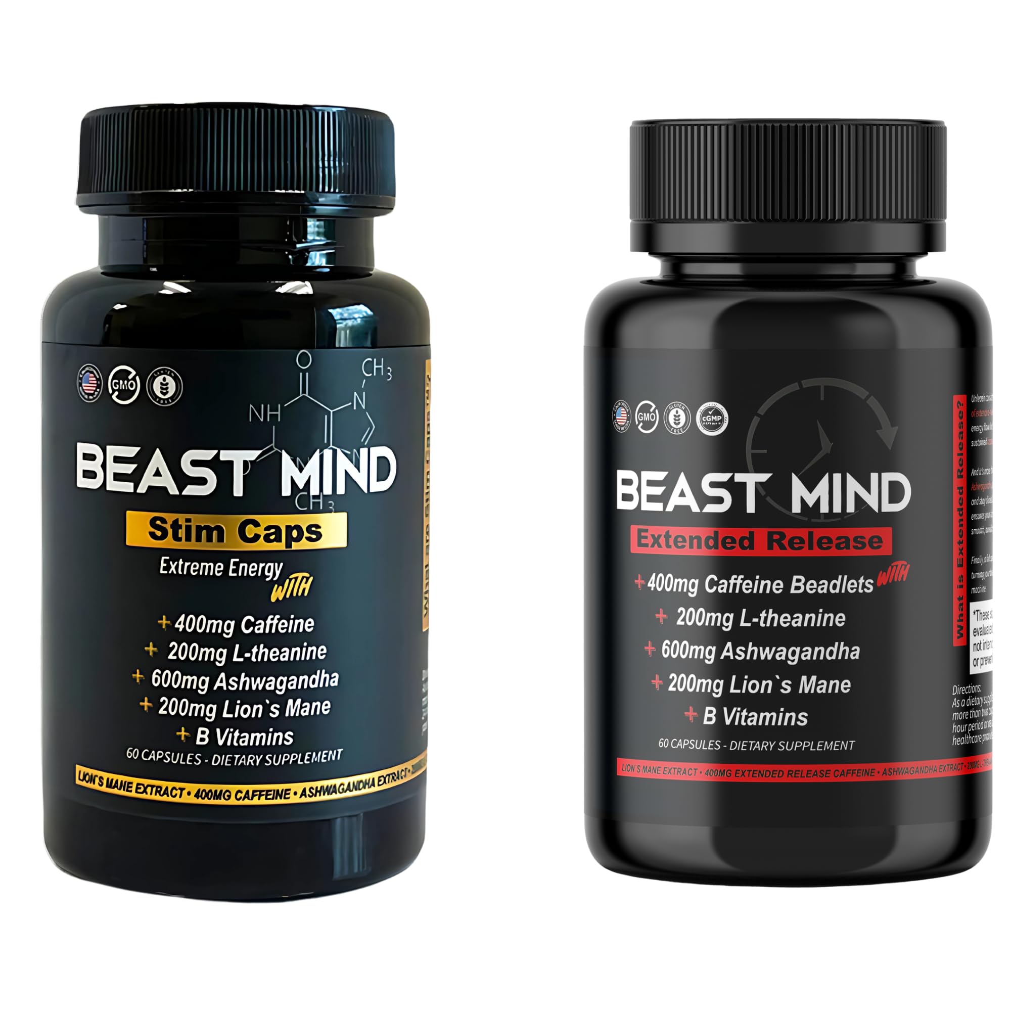 Beast Mind Dual-Energy System Bundle | Fast-Acting & Extended Release Energy Pills | 400mg Caffeine, 600mg Ashwagandha, 200mg Lions Mane | All-Day Nootropic Focus & Mood Support | 120 Capsules (60+60)