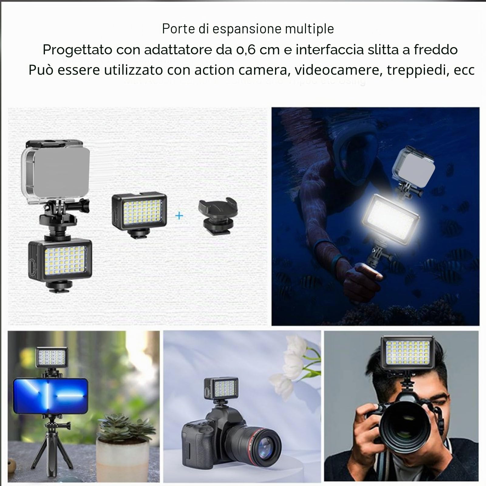 Lampada Subacquea Impermeabile, Luce LED Video Dimmerabile CRI 95+ 2500-9000K per Action Cam, Accessori Fotografici Subacquei 40M, con Adattatore 1/4 Pollice